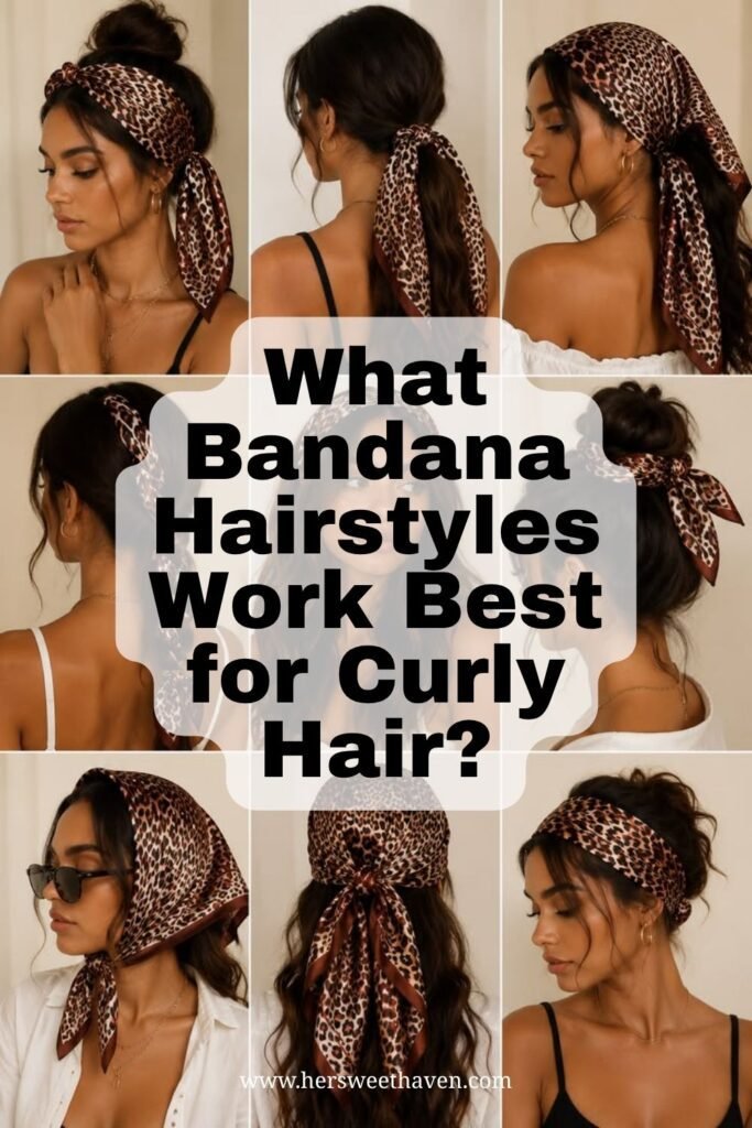 Collage of a woman with long, dark curly hair wearing a leopard print bandana styled in various ways, including a bow, ponytail, and updo; text reads, What Bandana Hairstyles Work Best for Curly Hair?.