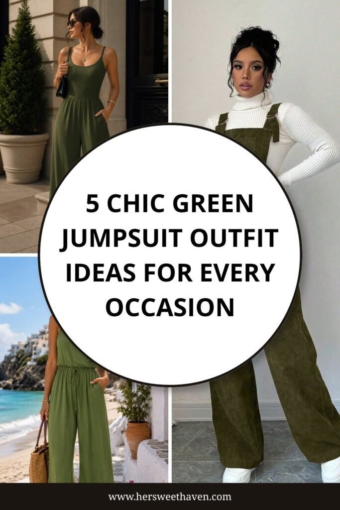 A collage of women wearing stylish green jumpsuits for various occasions, with a large white circle in the center featuring the text: 5 Chic Green Jumpsuit Outfit Ideas for Every Occasion.