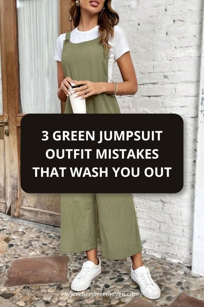 Woman wearing a light green jumpsuit over a white shirt, holding a coffee cup, stands by a white brick wall. Text overlay reads: “3 green jumpsuit outfit mistakes that wash you out.”.