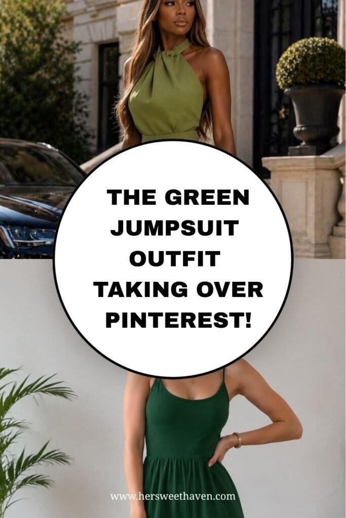 Two women wear stylish green jumpsuits outdoors; a bold white circle in the center reads, The green jumpsuit outfit taking over Pinterest! www.hersweethaven.com.