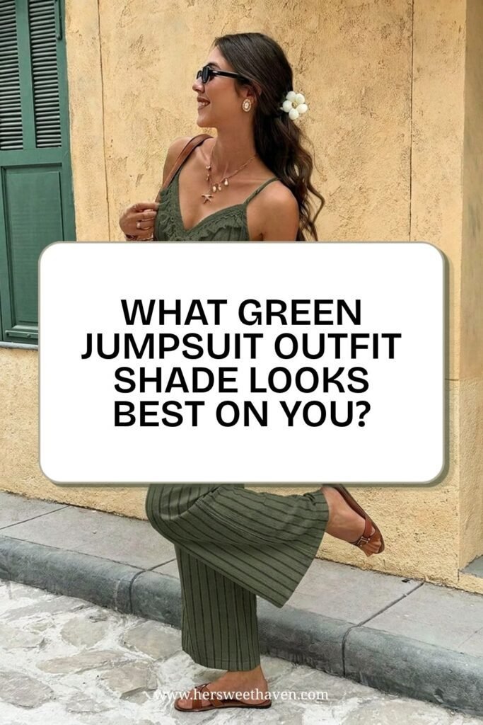 Woman wearing a ribbed green jumpsuit and sunglasses, with a white flower in her hair, stands smiling by a yellow wall and green shutter.