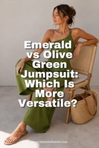 Woman in an olive green jumpsuit sits on a woven chair with a rattan bag beside her. Text reads: Emerald vs Olive Green Jumpsuit: Which Is More Versatile?.