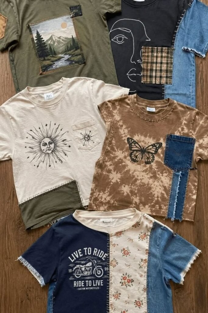 Reworked t-shirts with denim, plaid and floral fabric panels