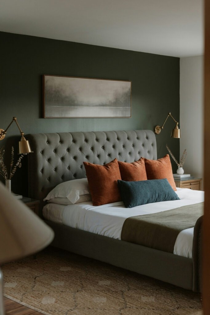 Bedroom with deep green walls, a tufted headboard and framed art