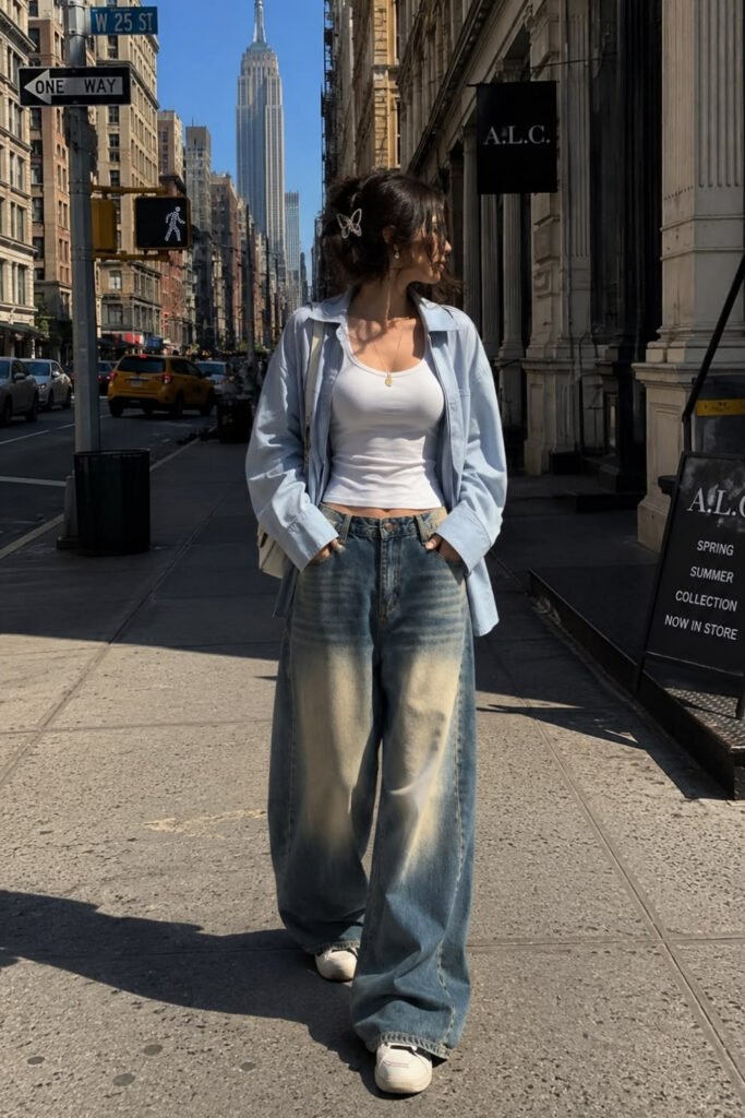 White tee and denim jacket with extra baggy light-wash jeans