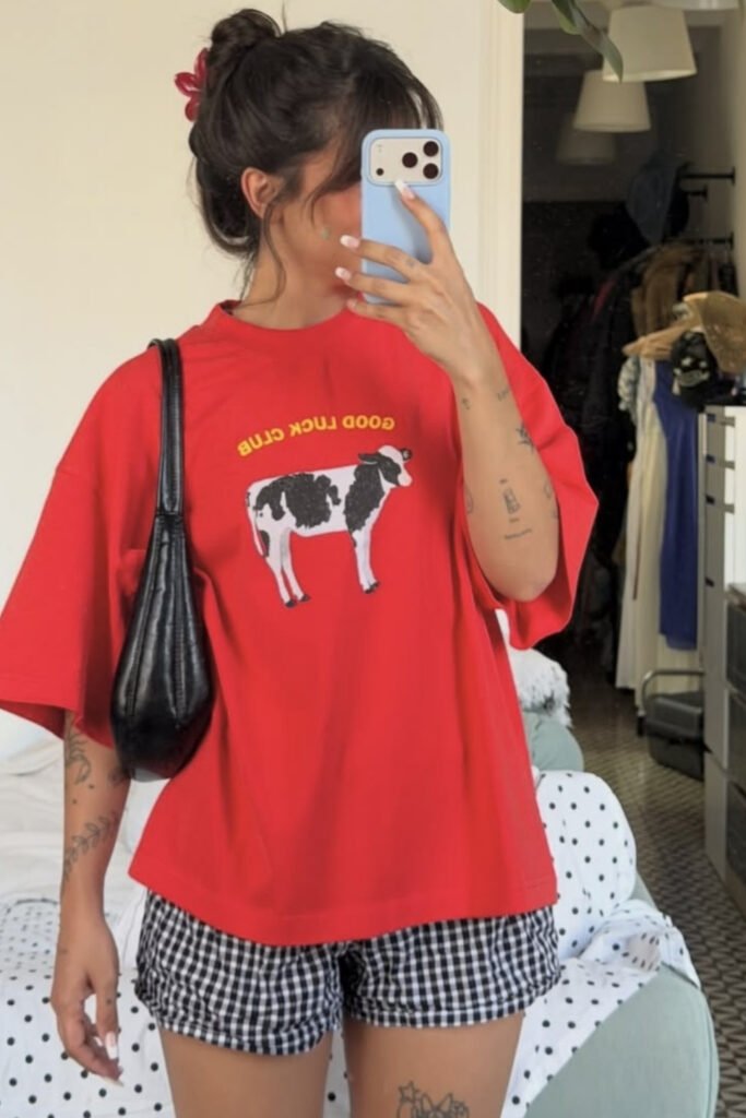 Graphic tee with gingham shorts for a casual weekend