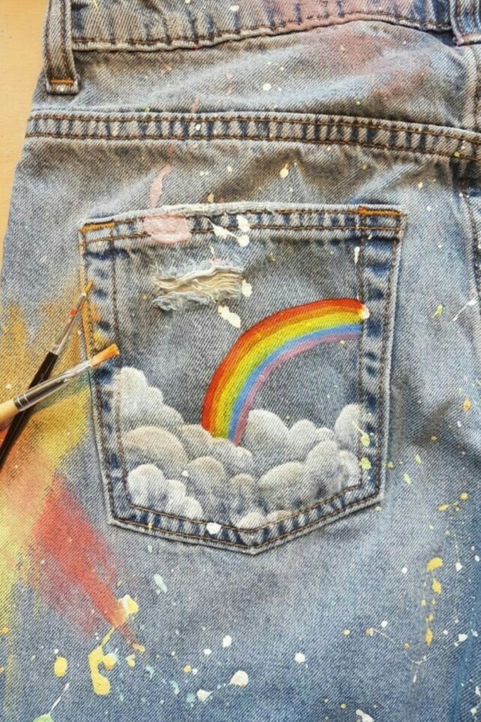 Back jeans pocket hand-painted with a rainbow and clouds