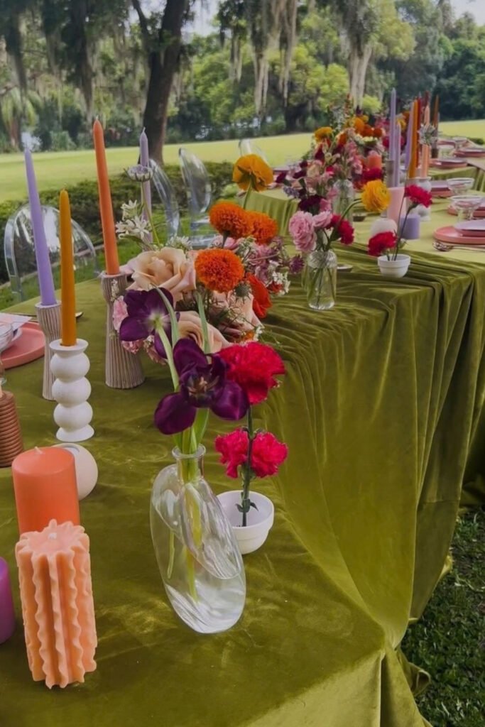 Green velvet tablecloth with colorful flowers, candles and glassware