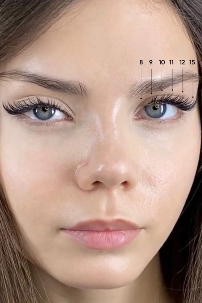 Close-up of a lash map showing extension lengths from 8 to 12 mm
