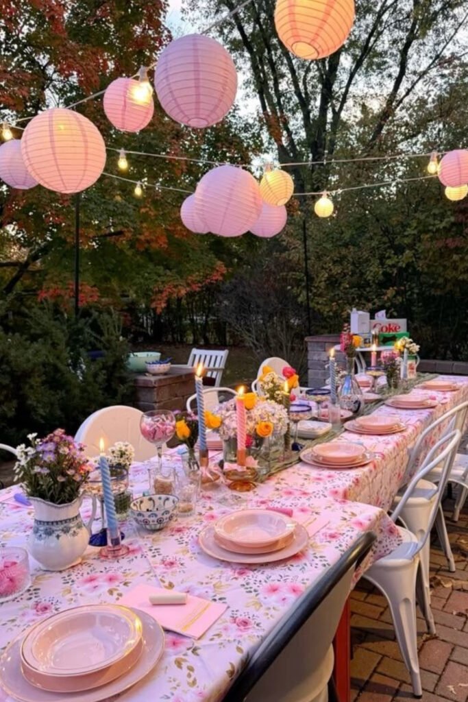 Graduation party table with paper lanterns