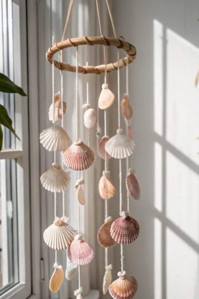 Seashell wind chime hanging from a wooden hoop by a window