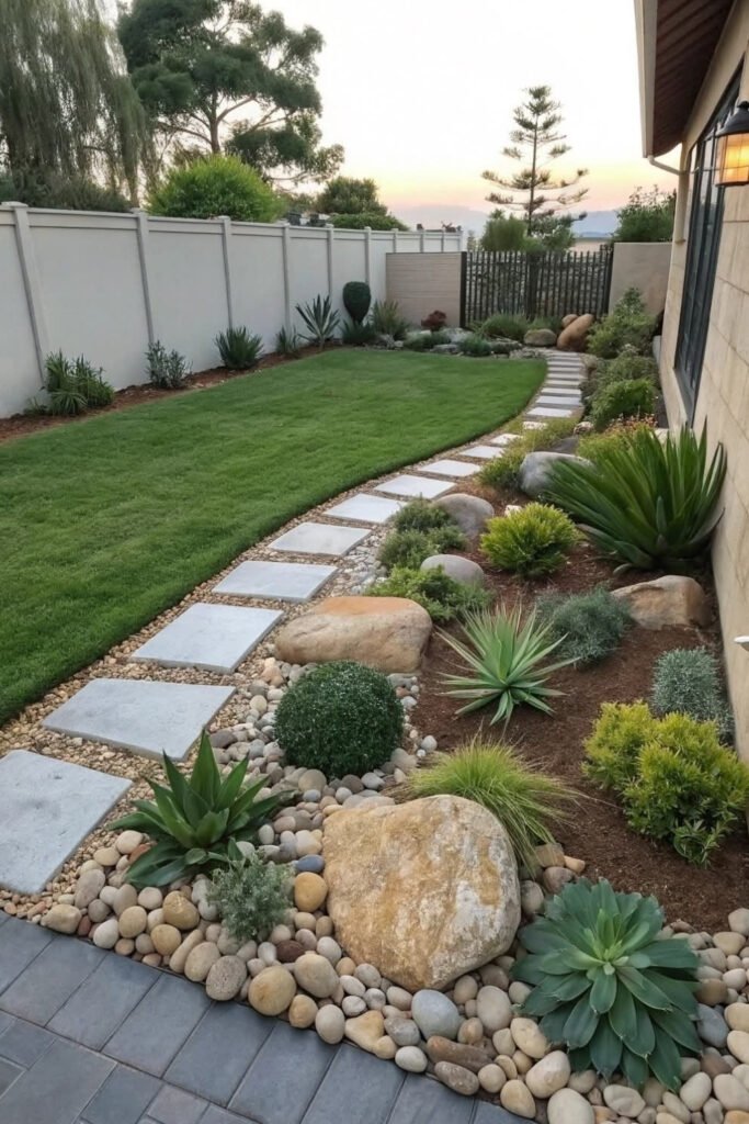 Rock garden with boulders, succulents and a stone path in a front yard