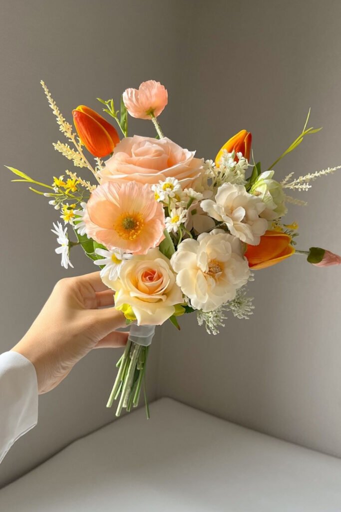 Small bridal bouquet of peach roses and ranunculus