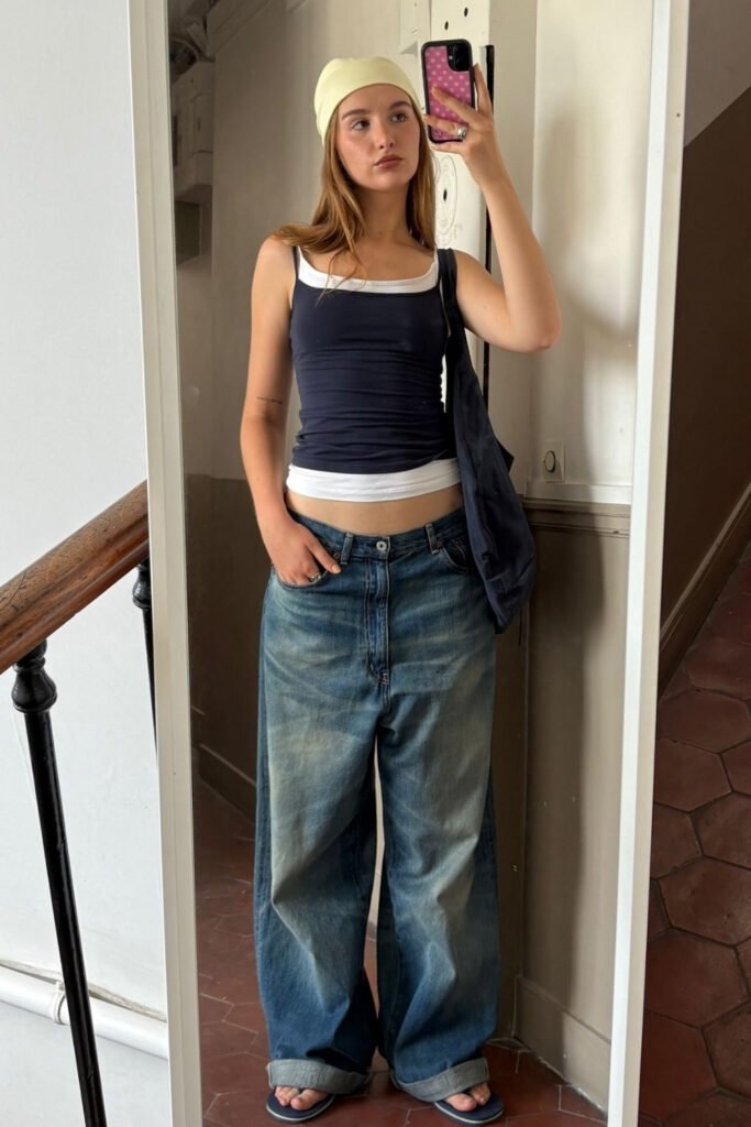 Navy fitted tank with dark baggy jeans and a shoulder bag