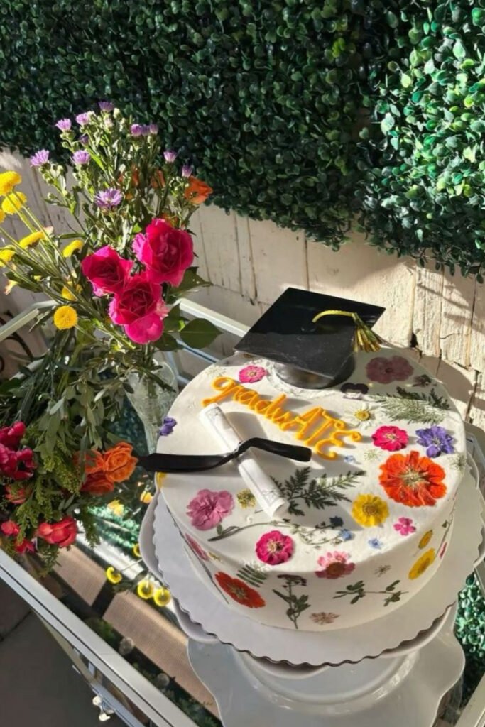 Graduation cake decorated with fresh flowers