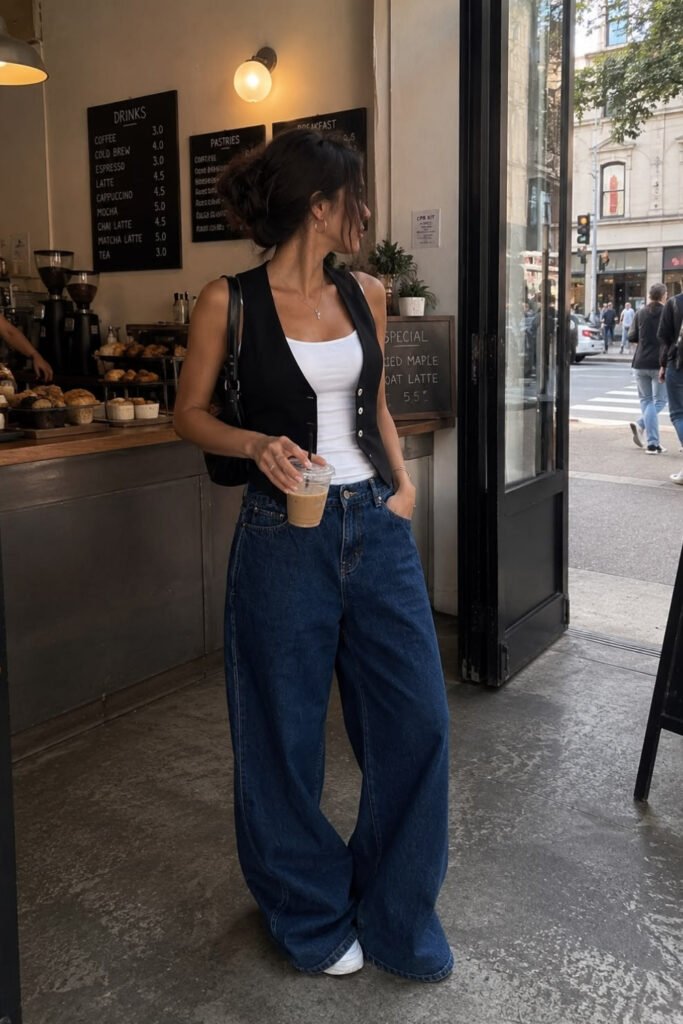 Fitted white tank and vest worn with extra baggy jeans