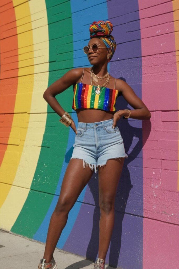 Rainbow crop top with denim shorts in front of a rainbow-painted wall
