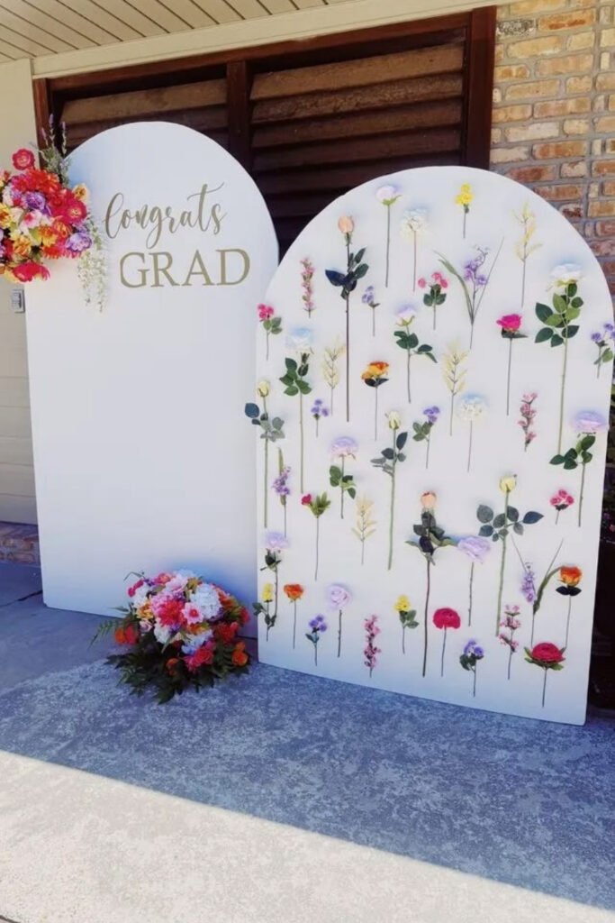 Congrats Grad flower wall arches as a party backdrop