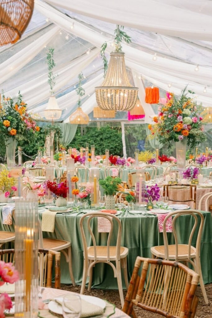 Tent reception with colorful flower centerpieces and hanging lights