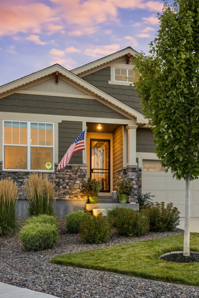 Front yard with gravel, ornamental grasses and shrubs in front of a gray house