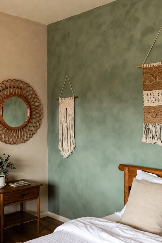 Bedroom with a sage green limewash wall, round woven mirror and macrame hanging