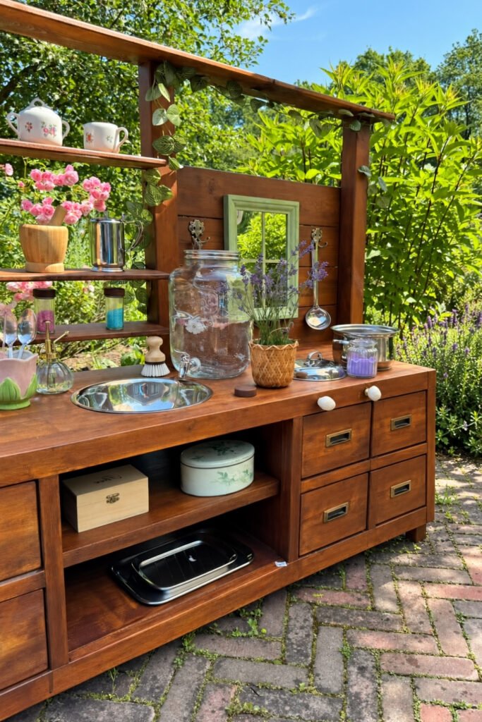Wooden backyard mud kitchen with open shelves