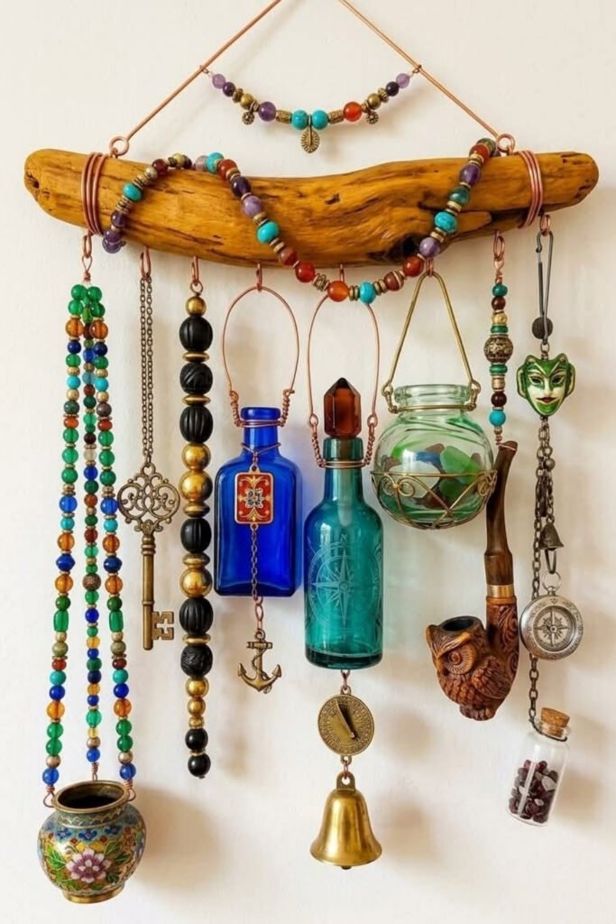 Homemade wind chime with driftwood, small glass bottles, beads and a brass bell