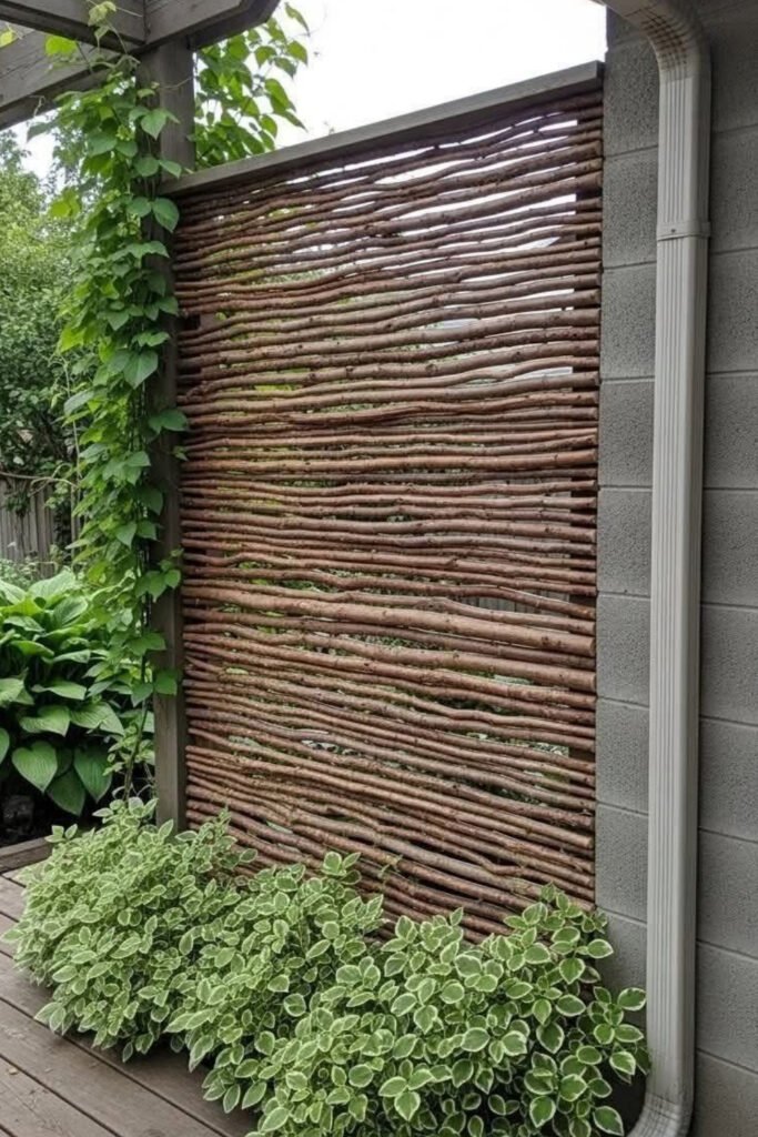 Woven willow privacy screen with climbing plants