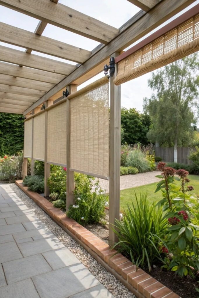 Pergola with roll-down bamboo blinds